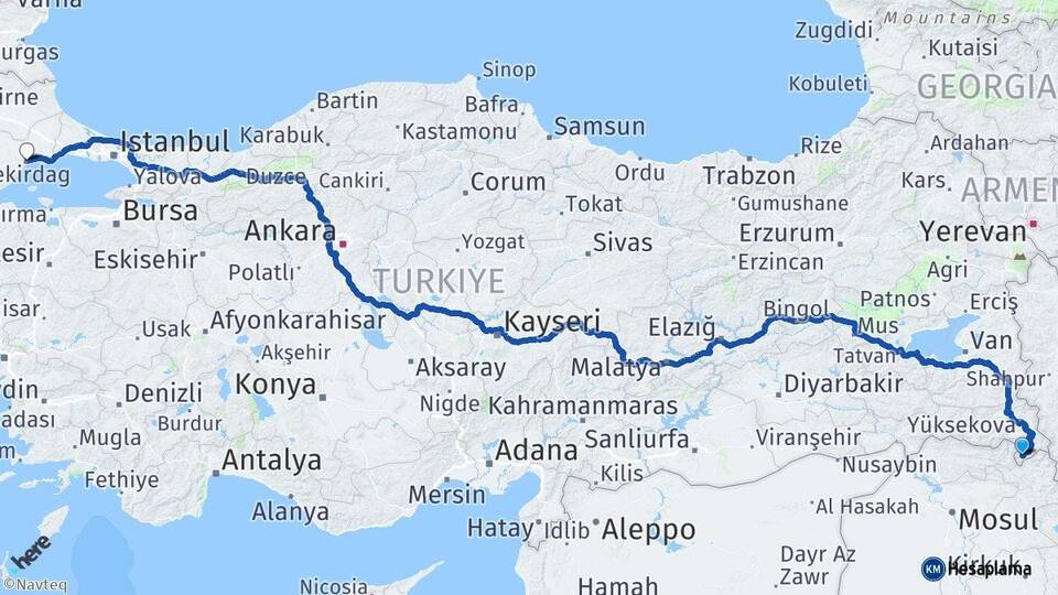 Hakkari Derecik Tekirdağ Arası Kaç Km - Yol Haritası