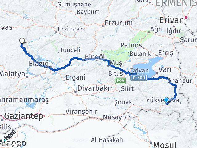 Hakkari Divriği Sivas Arası Kaç Km - Yol Haritası