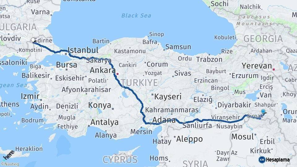 Hakkari Edirne Arası Kaç Km - Yol Haritası