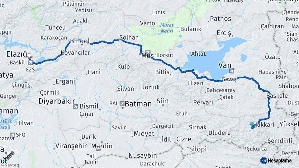 Hakkari Elazığ Arası Kaç Km - Yol Haritası