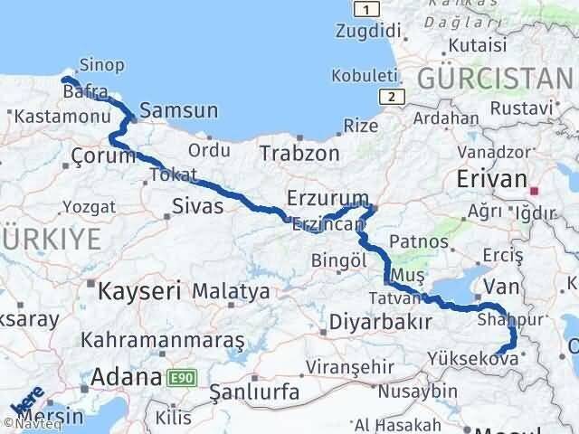 Hakkari Erfelek Sinop Arası Kaç Km - Yol Haritası