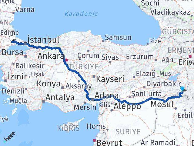 Hakkari Ergene Arası Kaç Km - Yol Tarifi