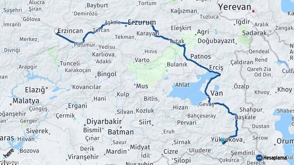Hakkari Erzincan Arası Kaç Km - Yol Haritası