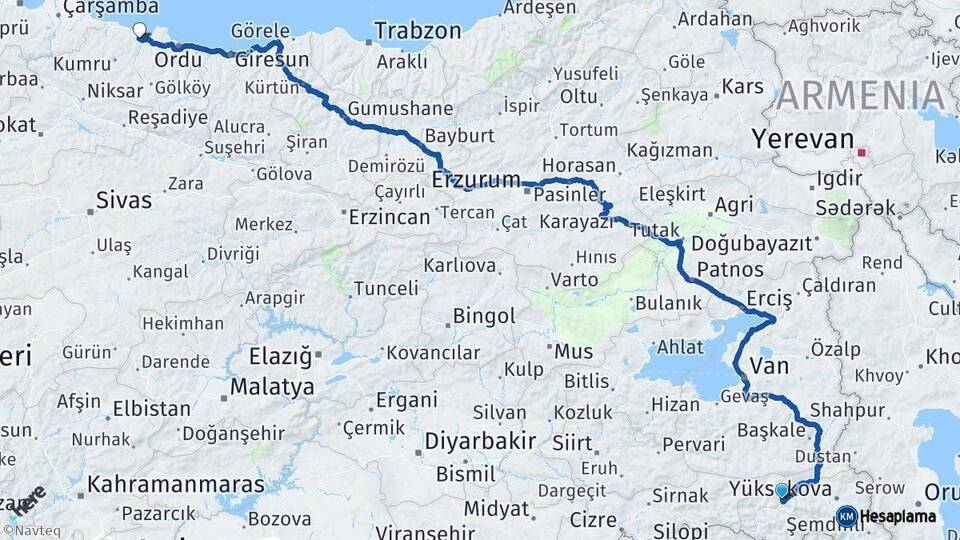 Hakkari Fatsa Ordu Arası Kaç Km - Yol Haritası
