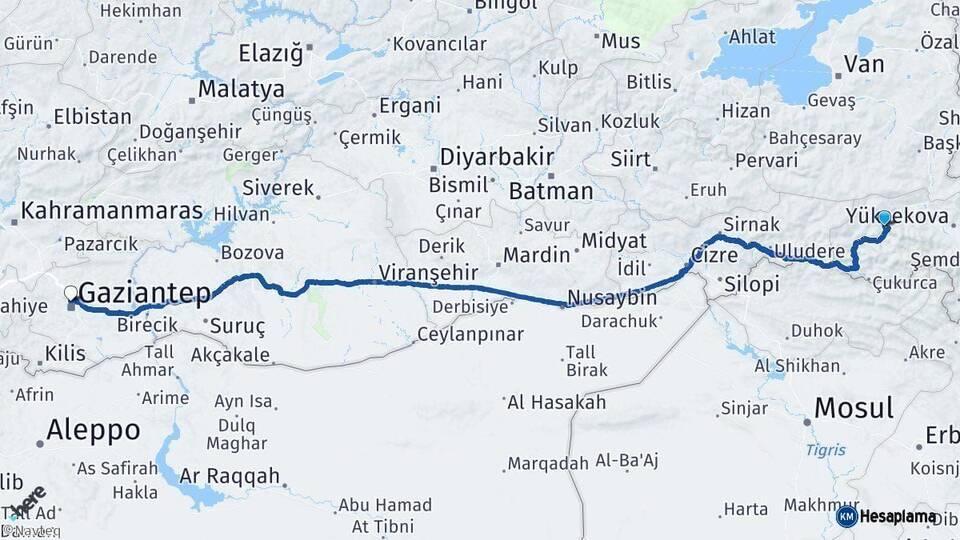 Hakkari Gaziantep Arası Kaç Km - Yol Haritası