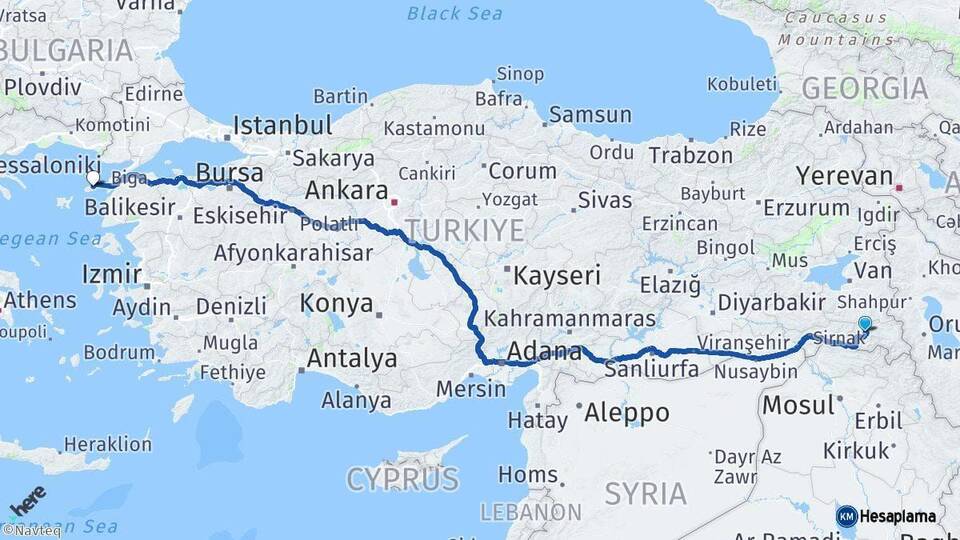 Hakkari Gökçeada Çanakkale Arası Kaç Km - Yol Haritası
