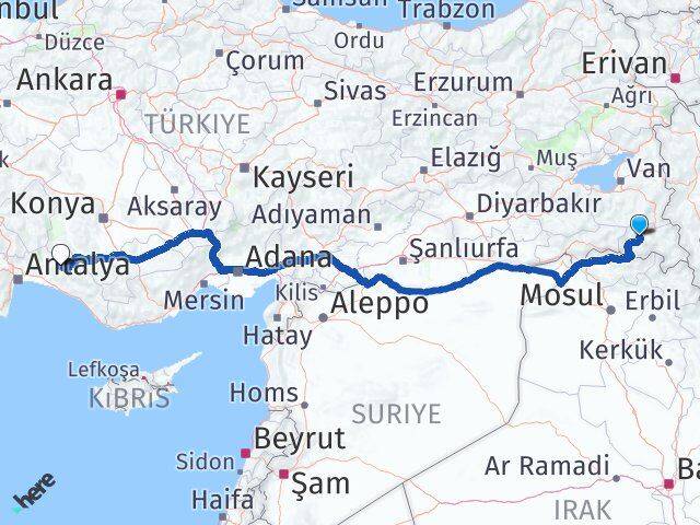 Hakkari İbradı Antalya Arası Kaç Km - Yol Haritası