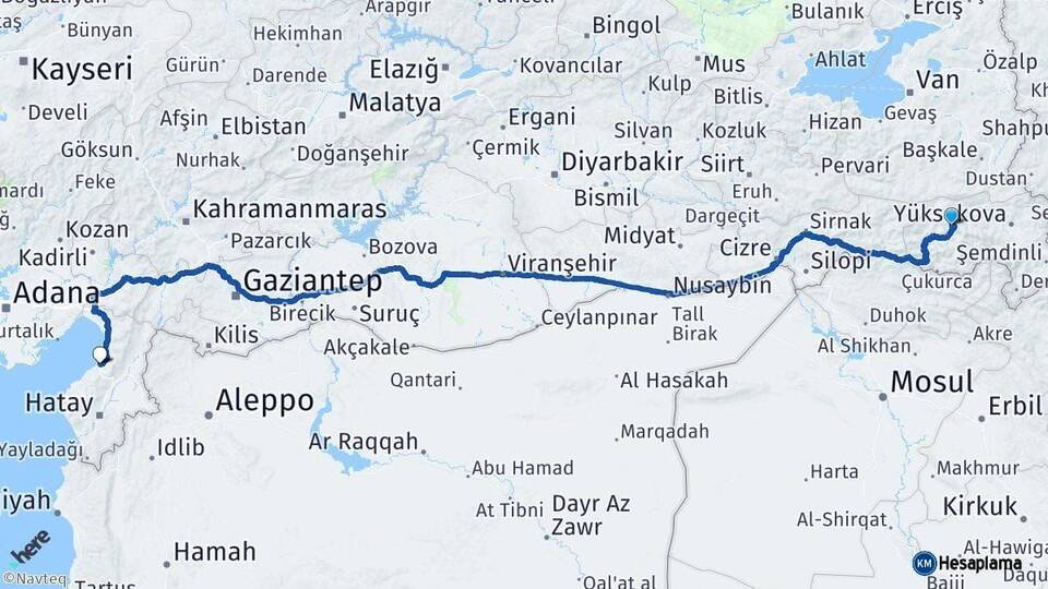 Hakkari İskenderun Hatay Arası Kaç Km - Yol Haritası
