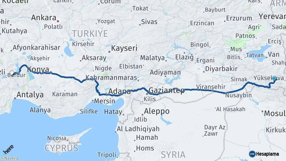 Hakkari Isparta Arası Kaç Km - Yol Haritası