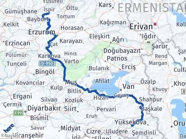 Hakkari İspir Erzurum Arası Kaç Km - Yol Haritası
