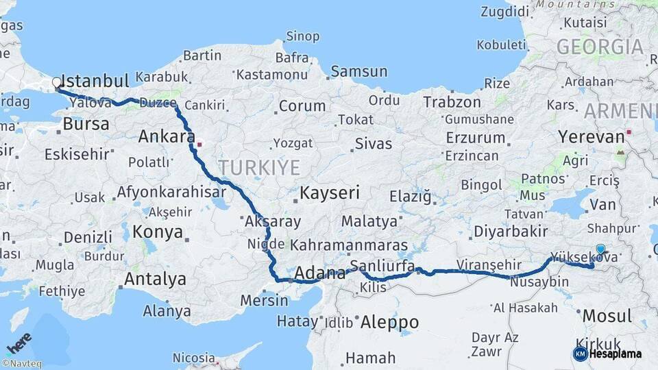 Hakkari İstanbul Arası Kaç Km - Yol Haritası