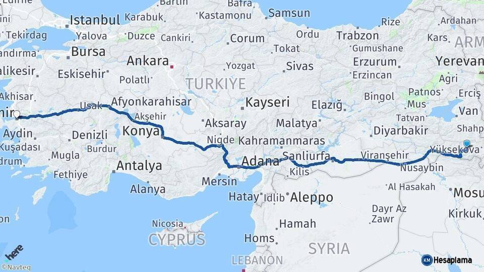 Hakkari İzmir Arası Kaç Km - Yol Haritası