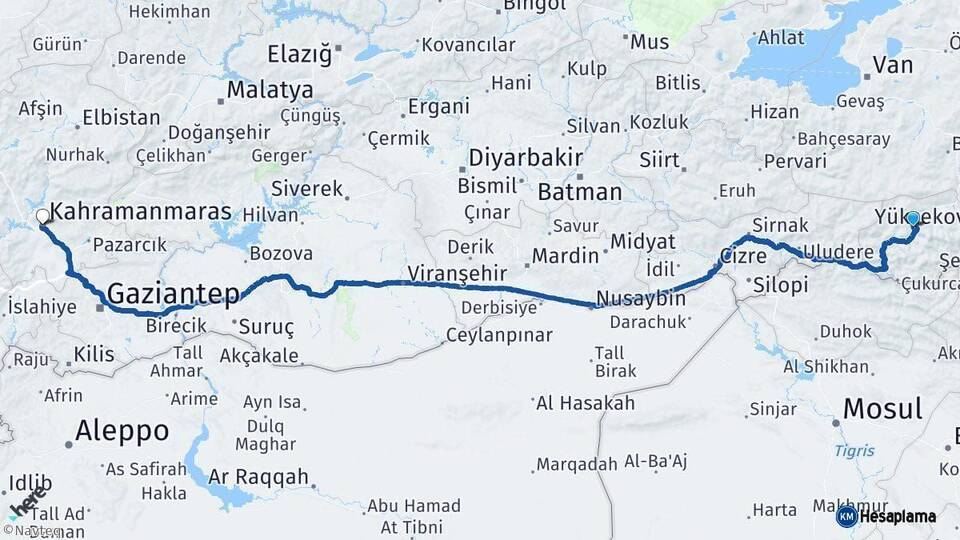 Hakkari Kahramanmaraş Arası Kaç Km - Yol Haritası