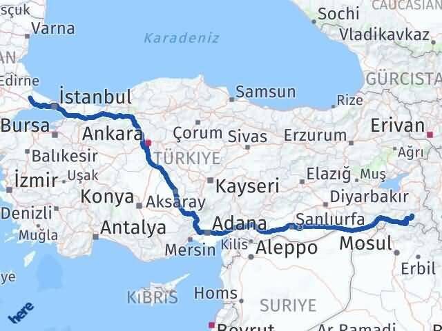 Hakkari Kapaklı Tekirdağ Arası Kaç Km - Yol Haritası