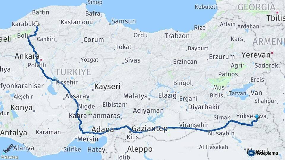 Hakkari Karabük Arası Kaç Km - Yol Haritası