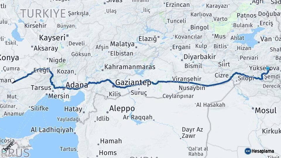Hakkari Karaman Arası Kaç Km - Yol Haritası