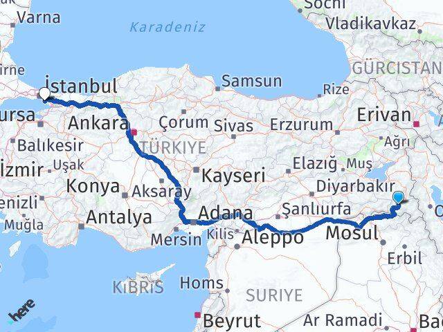 Hakkari Kartal İstanbul Arası Kaç Km - Yol Haritası