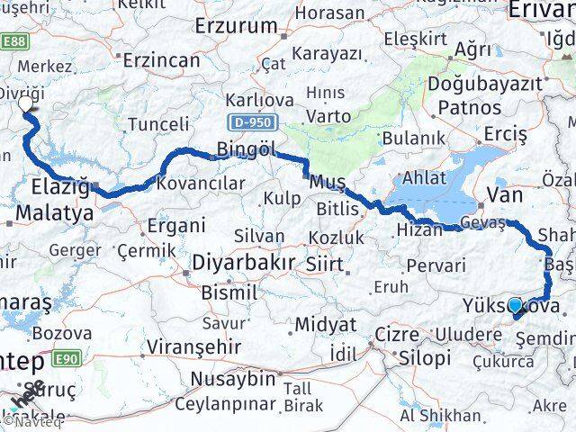 Hakkari Kemaliye Erzincan Arası Kaç Km - Yol Haritası