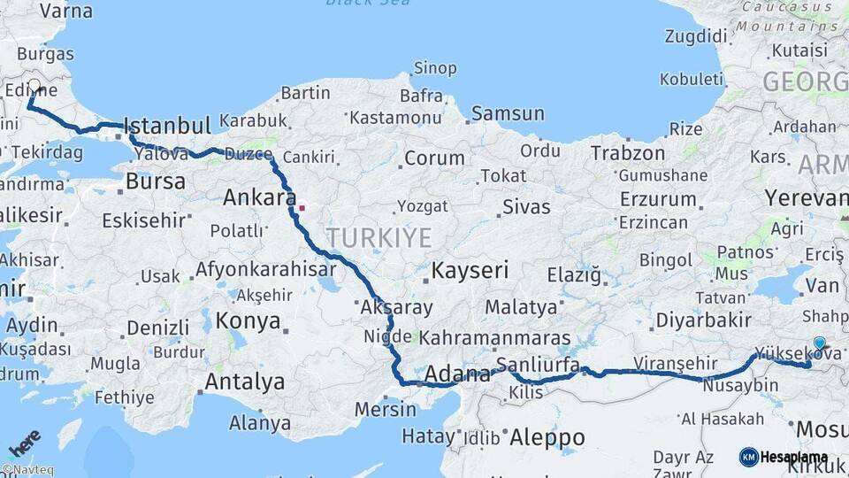 Hakkari Kırklareli Arası Kaç Km - Yol Haritası