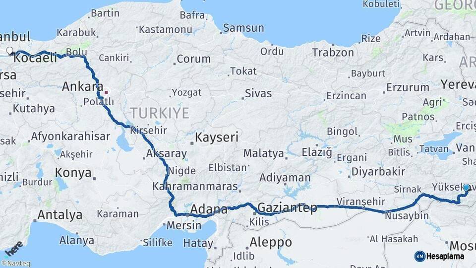 Hakkari Kocaeli Arası Kaç Km - Yol Haritası