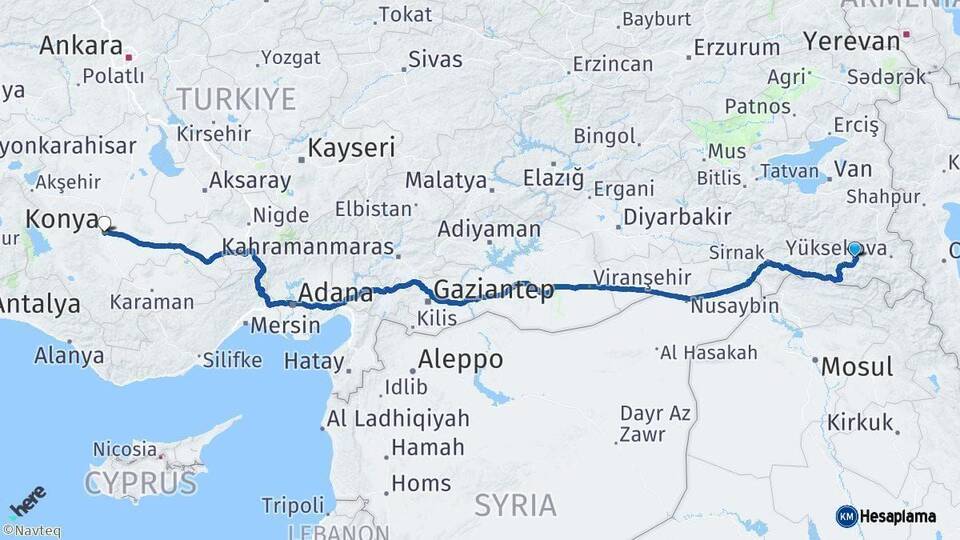 Hakkari Konya Arası Kaç Km - Yol Haritası