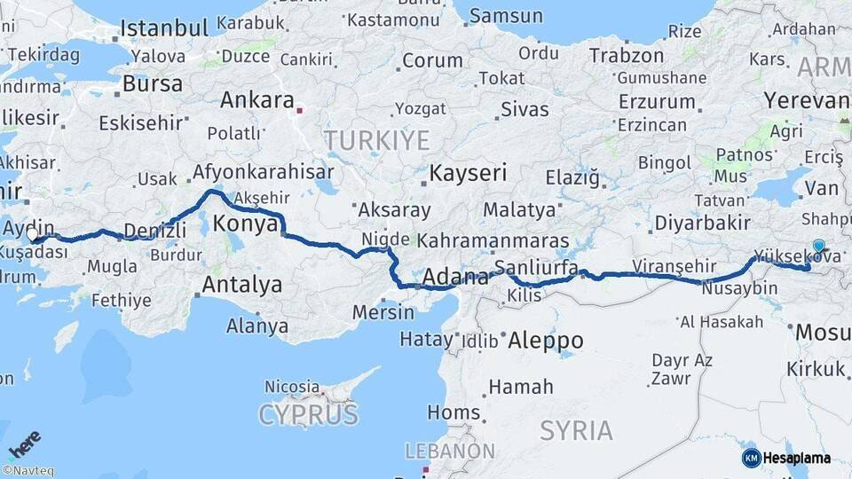 Hakkari Kuşadası Aydın Arası Kaç Km - Yol Haritası