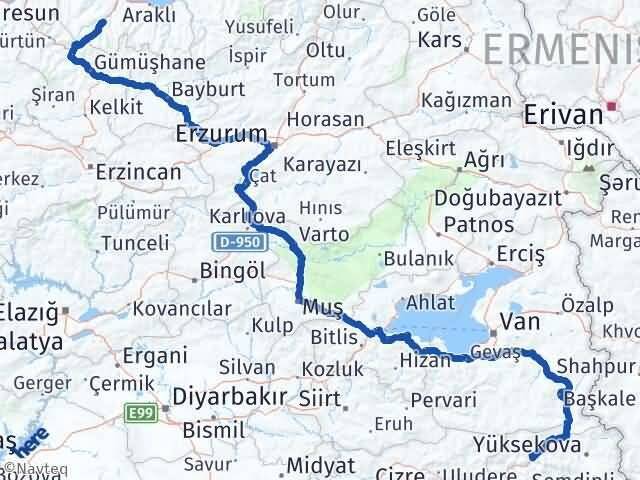 Hakkari Maçka Trabzon Arası Kaç Km - Yol Haritası