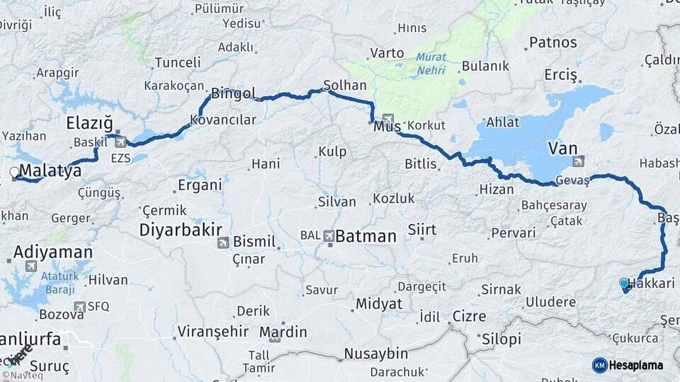 Hakkari Malatya Arası Kaç Km - Yol Haritası