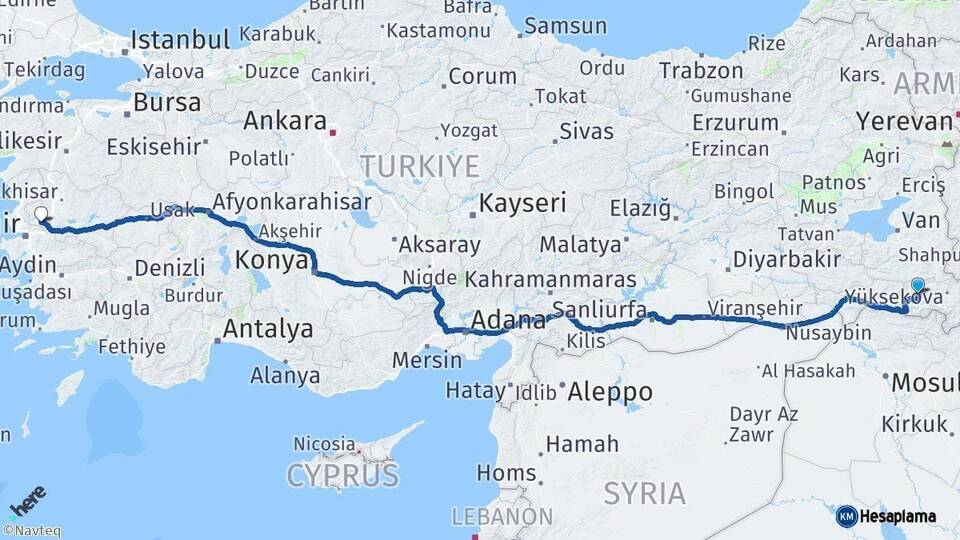 Hakkari Manisa Arası Kaç Km - Yol Haritası