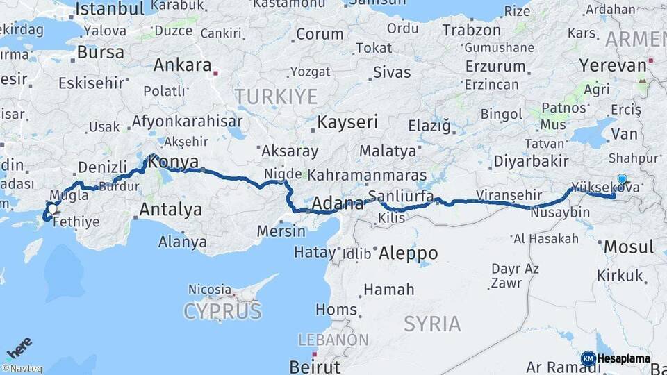 Hakkari Muğla Arası Kaç Km - Yol Haritası