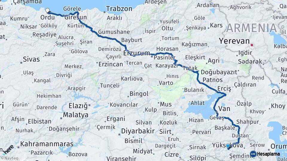 Hakkari Ordu Arası Kaç Km - Yol Haritası