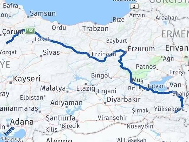 Hakkari Ortaköy Çorum Arası Kaç Km - Yol Haritası