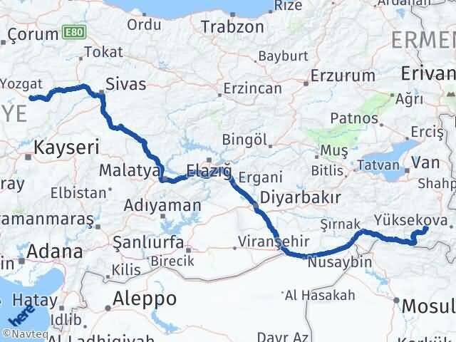 Hakkari Saraykent Yozgat Arası Kaç Km - Yol Haritası