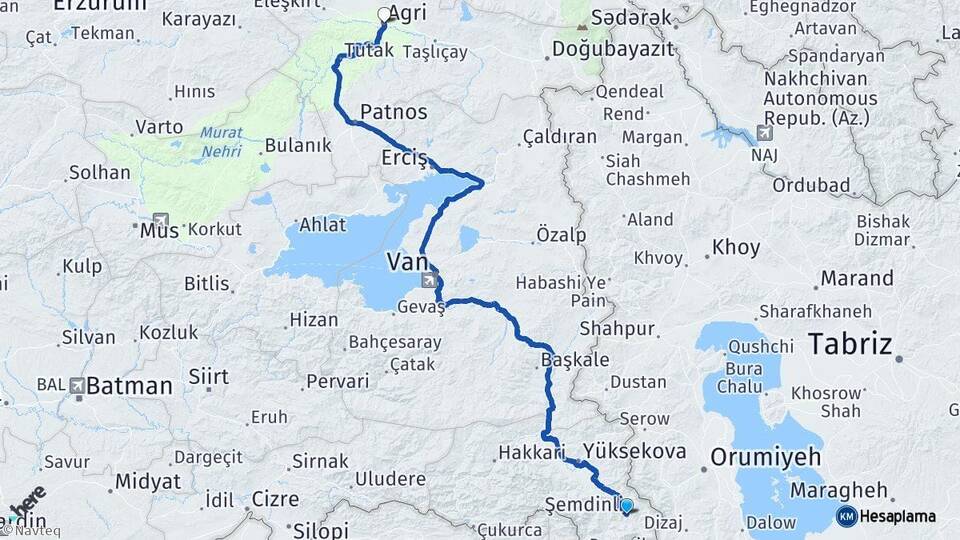 Hakkari Şemdinli Ağrı Arası Kaç Km - Yol Haritası