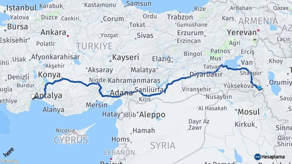 Hakkari Şemdinli Antalya Arası Kaç Km - Yol Haritası