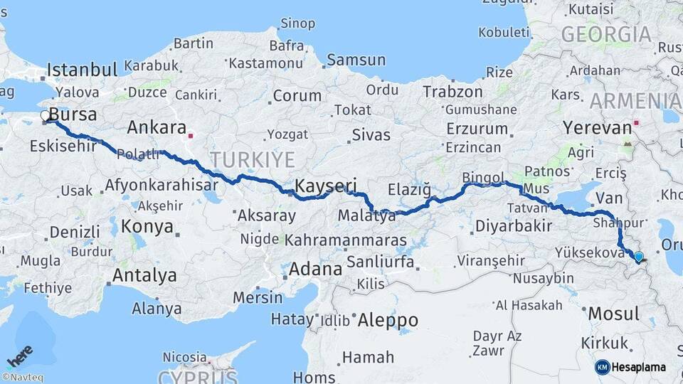 Hakkari Şemdinli Bursa Arası Kaç Km - Yol Haritası