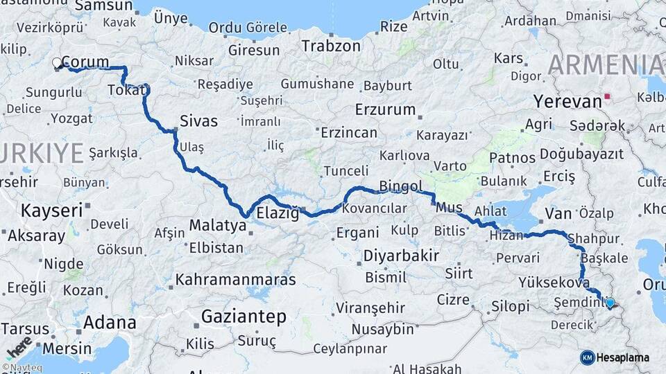 Hakkari Şemdinli Çorum Arası Kaç Km - Yol Haritası