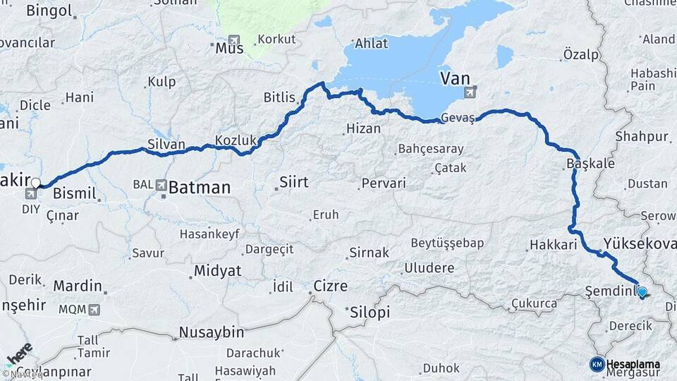 Hakkari Şemdinli Diyarbakır Arası Kaç Km - Yol Haritası