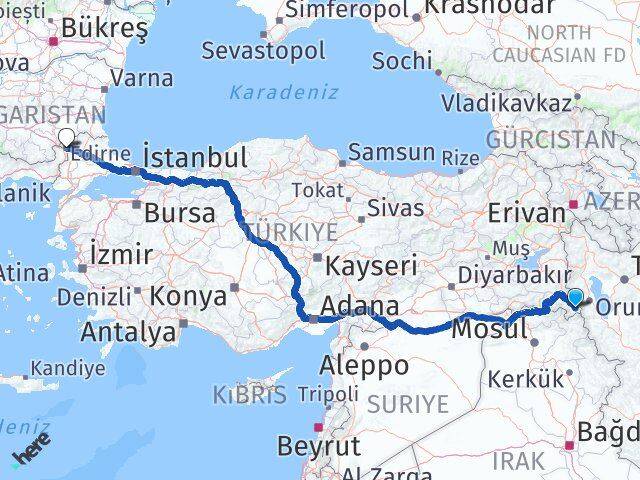 Hakkari Şemdinli Edirne Arası Kaç Km - Yol Haritası