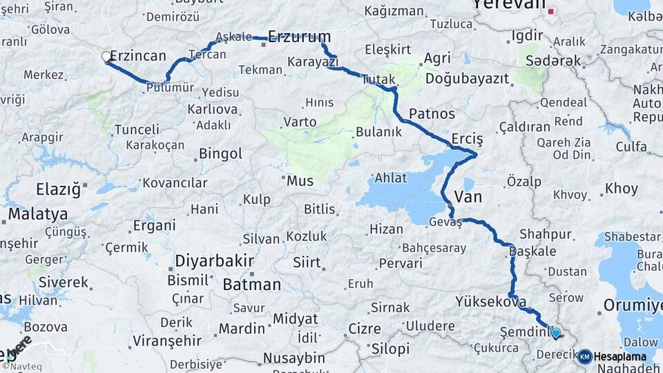 Hakkari Şemdinli Erzincan Arası Kaç Km - Yol Haritası