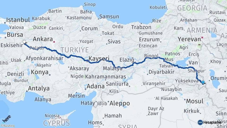 Hakkari Şemdinli Eskişehir Arası Kaç Km - Yol Haritası