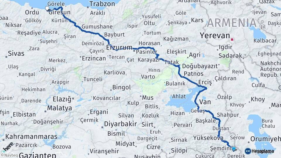Hakkari Şemdinli Giresun Arası Kaç Km - Yol Haritası