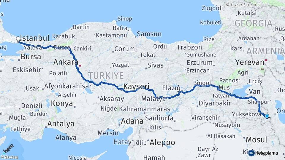 Hakkari Şemdinli İstanbul Arası Kaç Km - Yol Haritası
