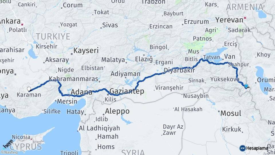 Hakkari Şemdinli Karaman Arası Kaç Km - Yol Haritası