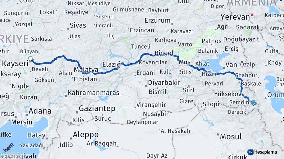 Hakkari Şemdinli Kayseri Arası Kaç Km - Yol Haritası