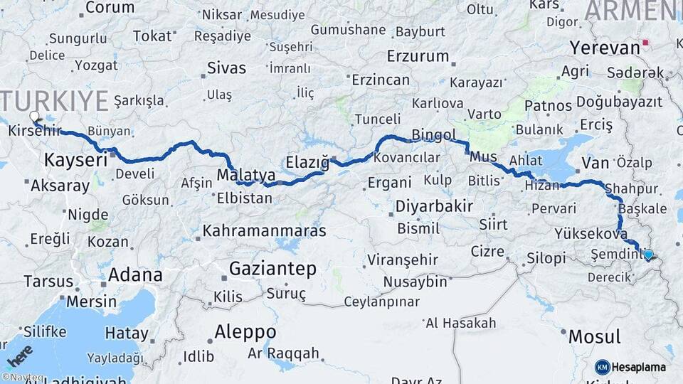 Hakkari Şemdinli Kırşehir Arası Kaç Km - Yol Haritası