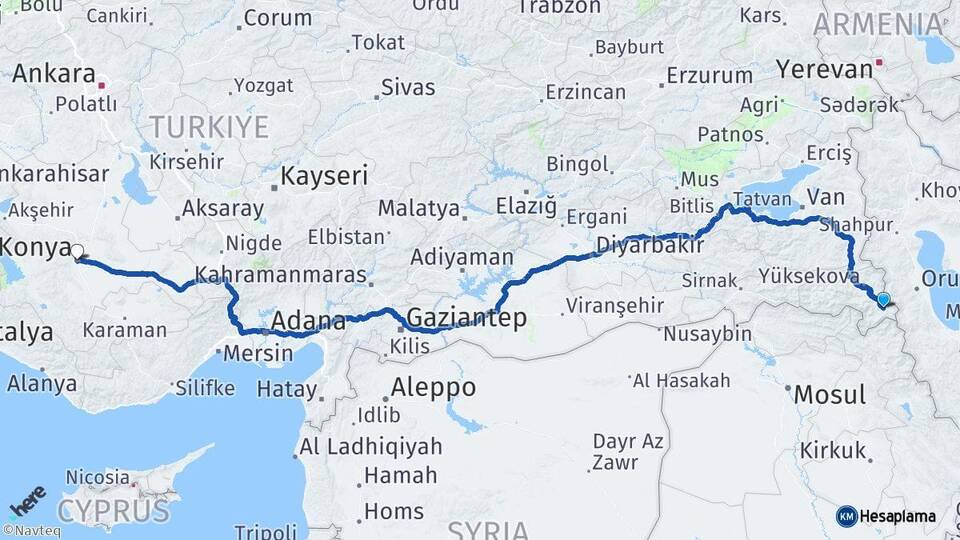 Hakkari Şemdinli Konya Arası Kaç Km - Yol Haritası