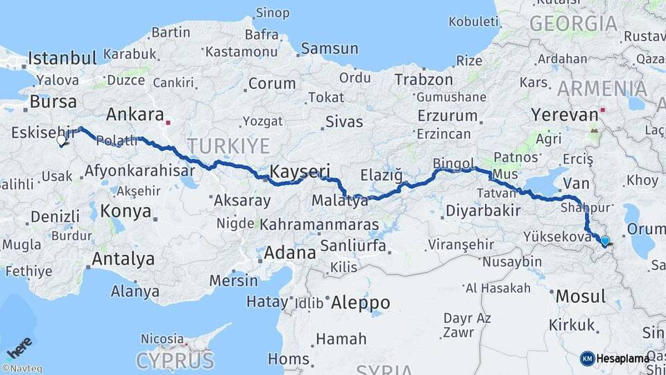 Hakkari Şemdinli Kütahya Arası Kaç Km - Yol Haritası