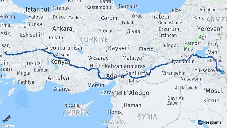 Hakkari Şemdinli Manisa Arası Kaç Km - Yol Haritası
