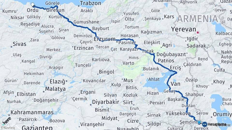 Hakkari Şemdinli Ordu Arası Kaç Km - Yol Haritası
